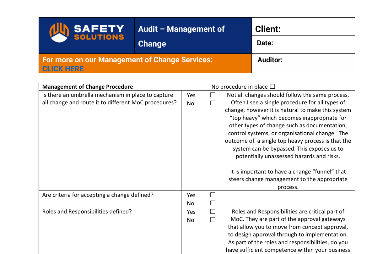 Management of change checklist