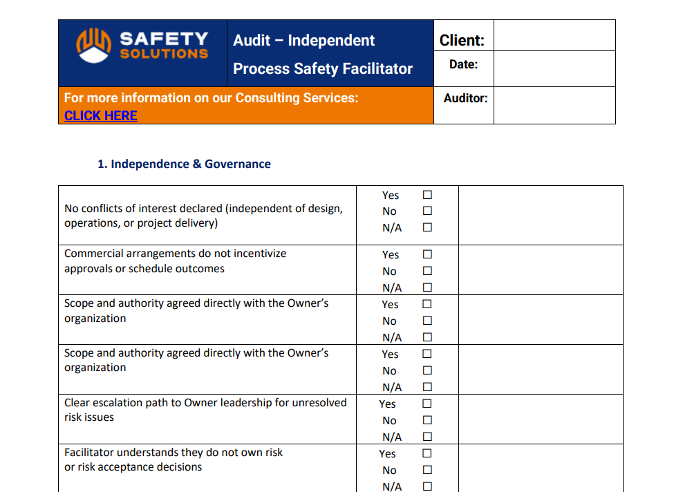 Independent Process safety facilitator checklist